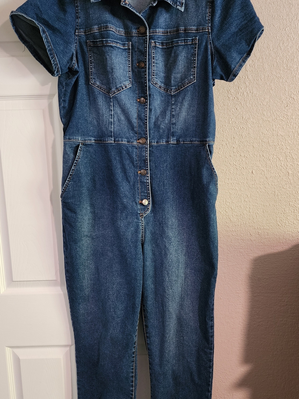 Celebrity Pink Dark Blue Denim Short-Sleeve Jumpsuit